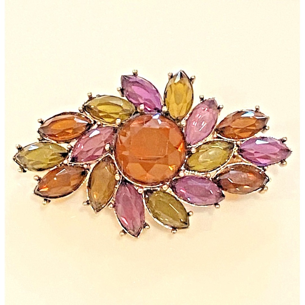 MONET Gold Tone Colorful Brooch Smoky Purple Green Amber Rhinestone 2.25 inch